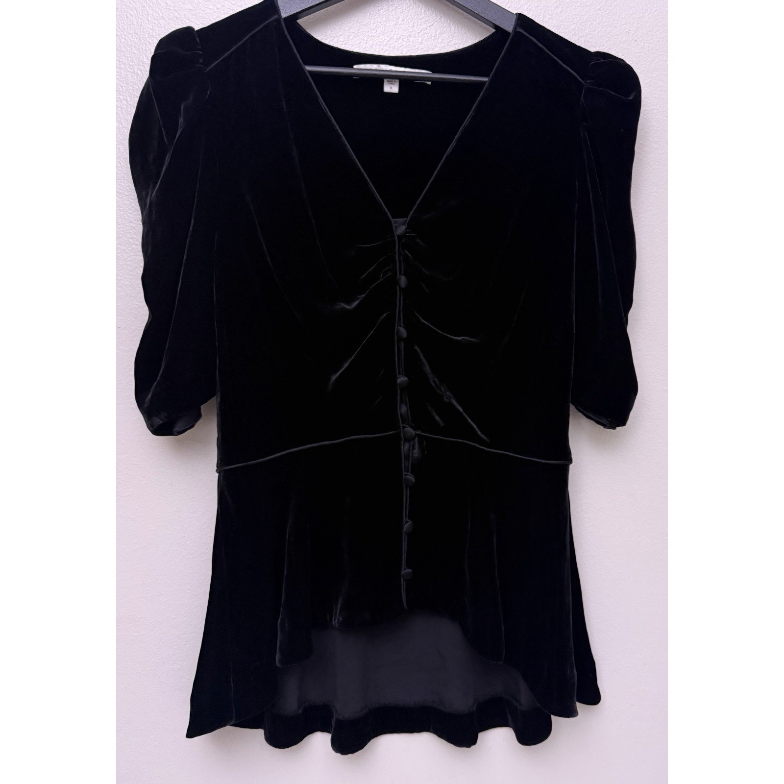Veronica Beard 6 Hayden Top Black Velvet Silk Button Front Puff Ruched Sleeve